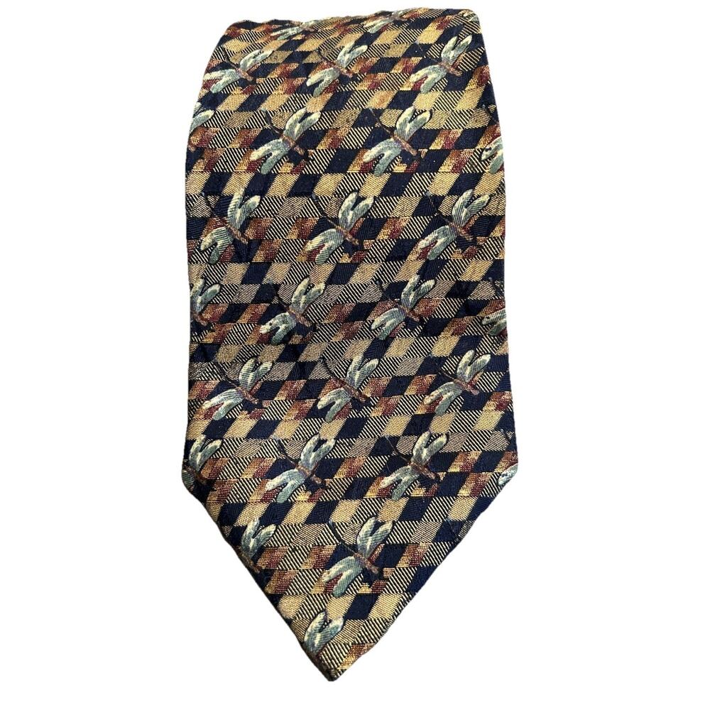 XMI Men's Necktie Luxury Designer Tie 4” Blue Gold Dragonfly Handmade Silk USA